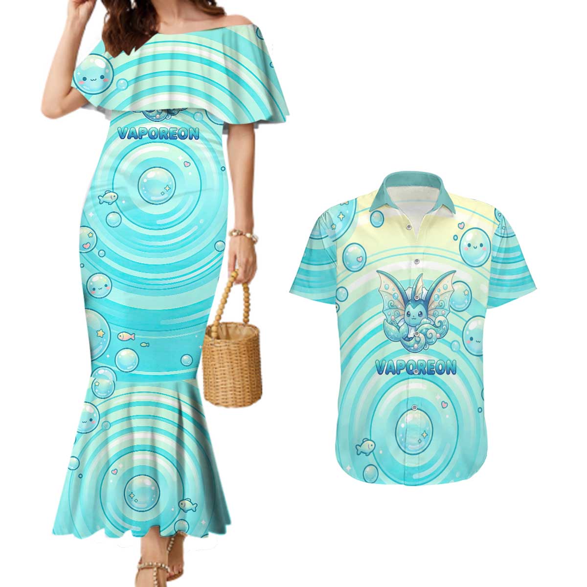 Vaporeon Couples Matching Mermaid Dress and Hawaiian Shirt Dreamy Ocean Bubble Fantasy Art