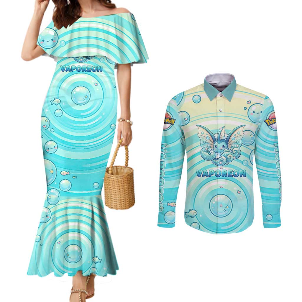 Vaporeon Couples Matching Mermaid Dress and Long Sleeve Button Shirt Dreamy Ocean Bubble Fantasy Art