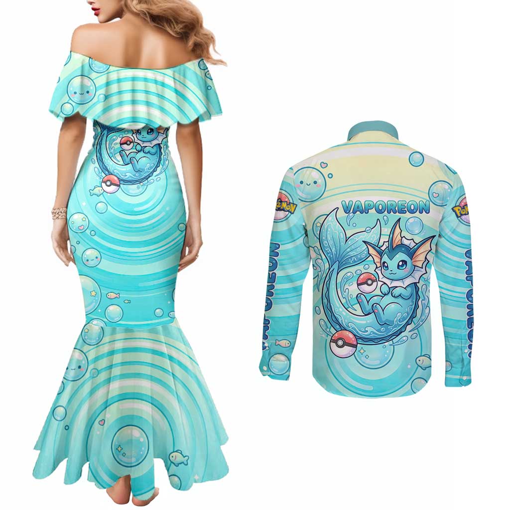 Vaporeon Couples Matching Mermaid Dress and Long Sleeve Button Shirt Dreamy Ocean Bubble Fantasy Art