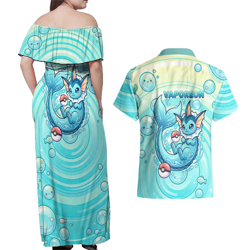 Vaporeon Couples Matching Off Shoulder Maxi Dress and Hawaiian Shirt Dreamy Ocean Bubble Fantasy Art