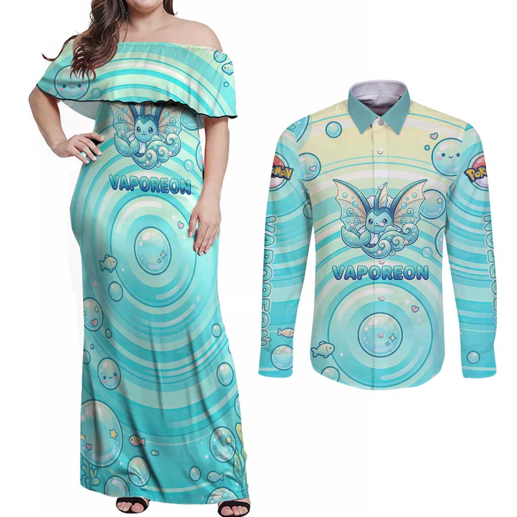 Vaporeon Couples Matching Off Shoulder Maxi Dress and Long Sleeve Button Shirt Dreamy Ocean Bubble Fantasy Art