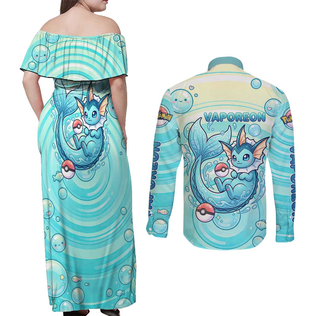 Vaporeon Couples Matching Off Shoulder Maxi Dress and Long Sleeve Button Shirt Dreamy Ocean Bubble Fantasy Art