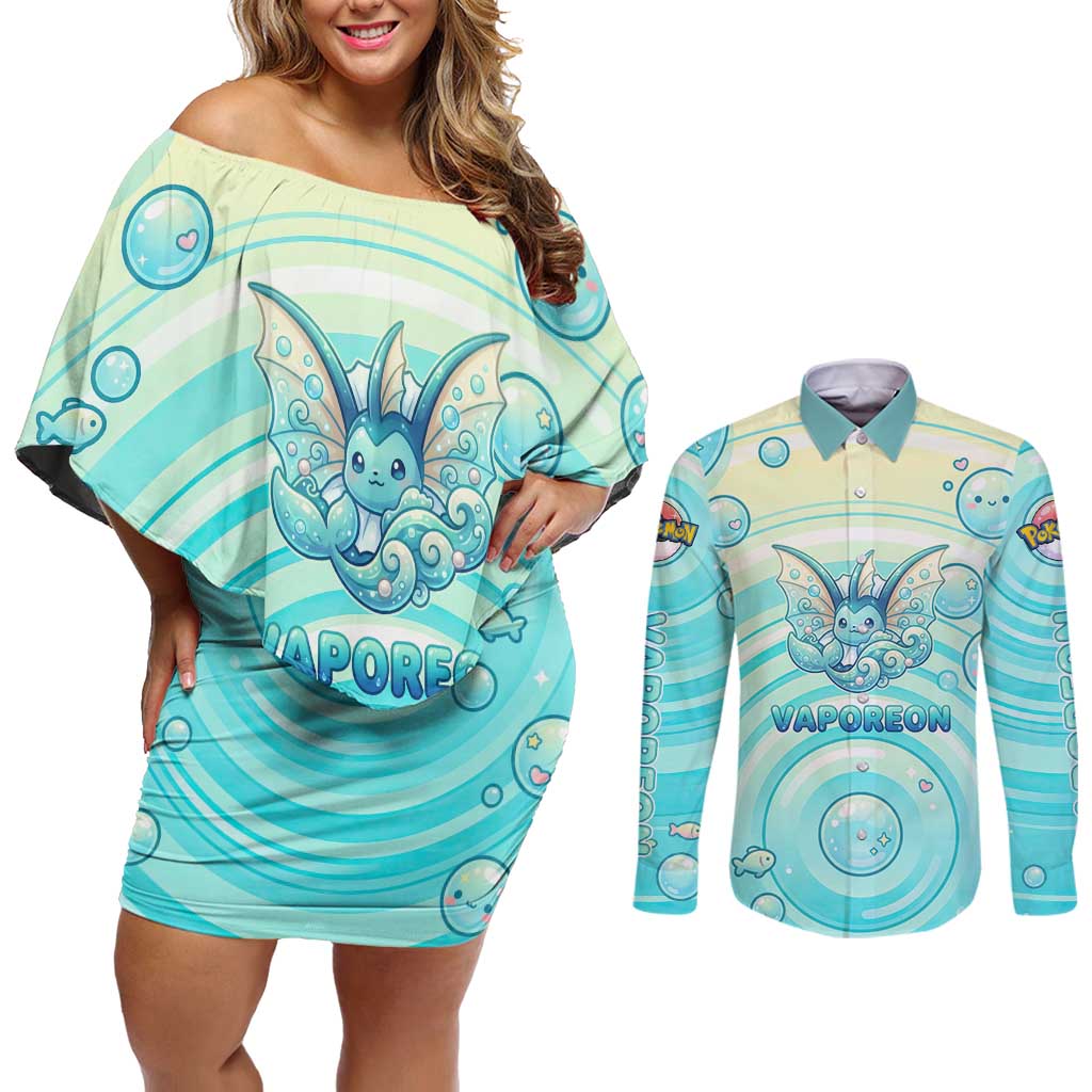 Vaporeon Couples Matching Off Shoulder Short Dress and Long Sleeve Button Shirt Dreamy Ocean Bubble Fantasy Art