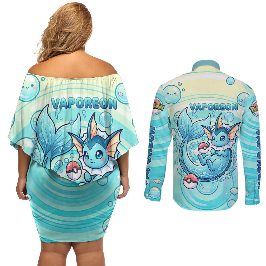 Vaporeon Couples Matching Off Shoulder Short Dress and Long Sleeve Button Shirt Dreamy Ocean Bubble Fantasy Art