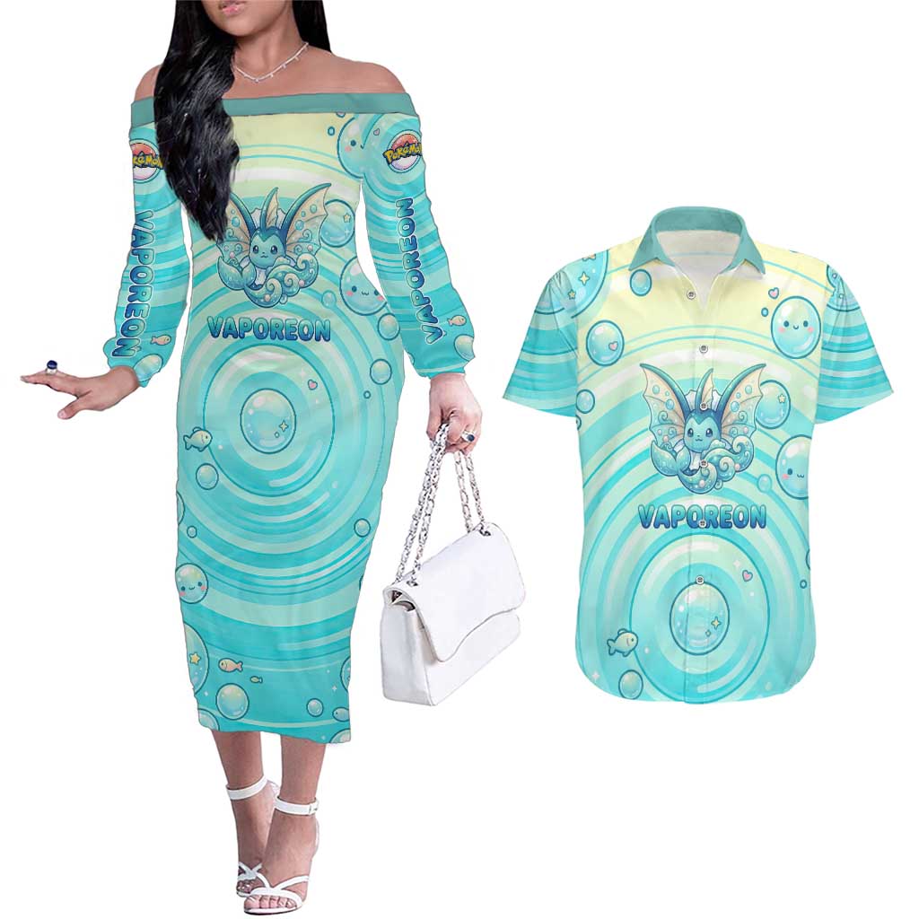 Vaporeon Couples Matching Off The Shoulder Long Sleeve Dress and Hawaiian Shirt Dreamy Ocean Bubble Fantasy Art