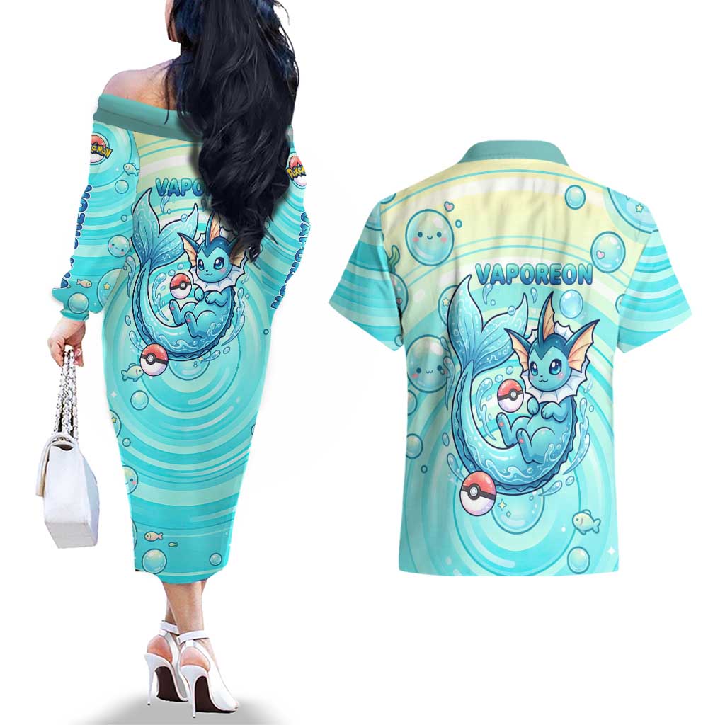 Vaporeon Couples Matching Off The Shoulder Long Sleeve Dress and Hawaiian Shirt Dreamy Ocean Bubble Fantasy Art