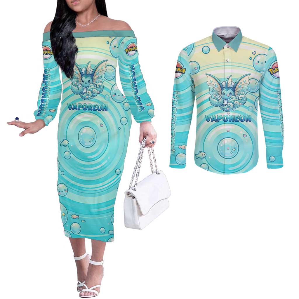Vaporeon Couples Matching Off The Shoulder Long Sleeve Dress and Long Sleeve Button Shirt Dreamy Ocean Bubble Fantasy Art