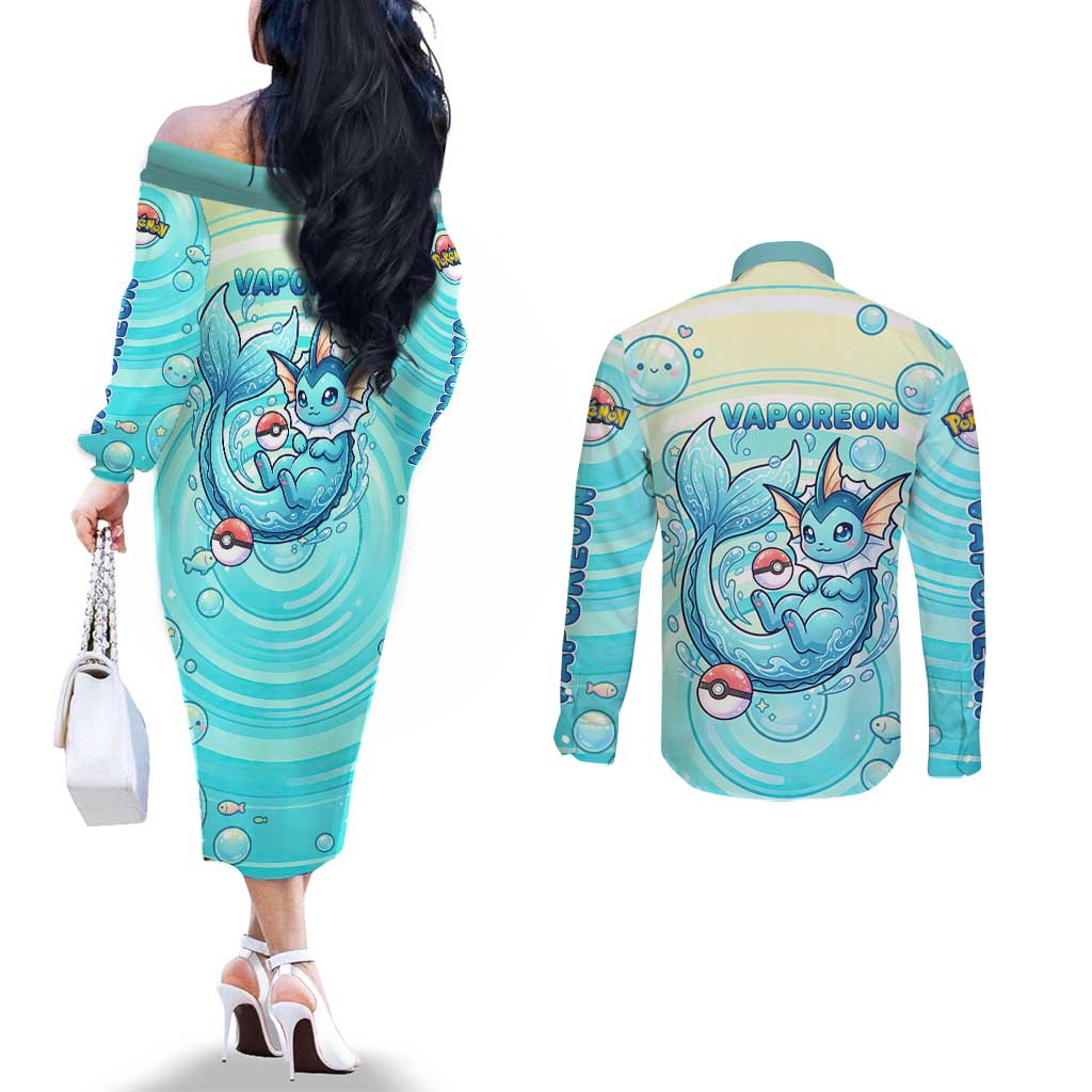 Vaporeon Couples Matching Off The Shoulder Long Sleeve Dress and Long Sleeve Button Shirt Dreamy Ocean Bubble Fantasy Art