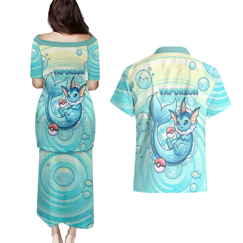 Vaporeon Couples Matching Puletasi and Hawaiian Shirt Dreamy Ocean Bubble Fantasy Art