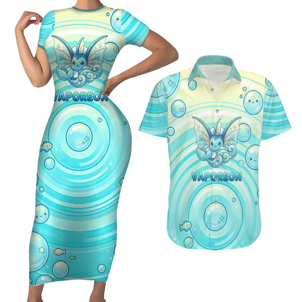 Vaporeon Couples Matching Short Sleeve Bodycon Dress and Hawaiian Shirt Dreamy Ocean Bubble Fantasy Art