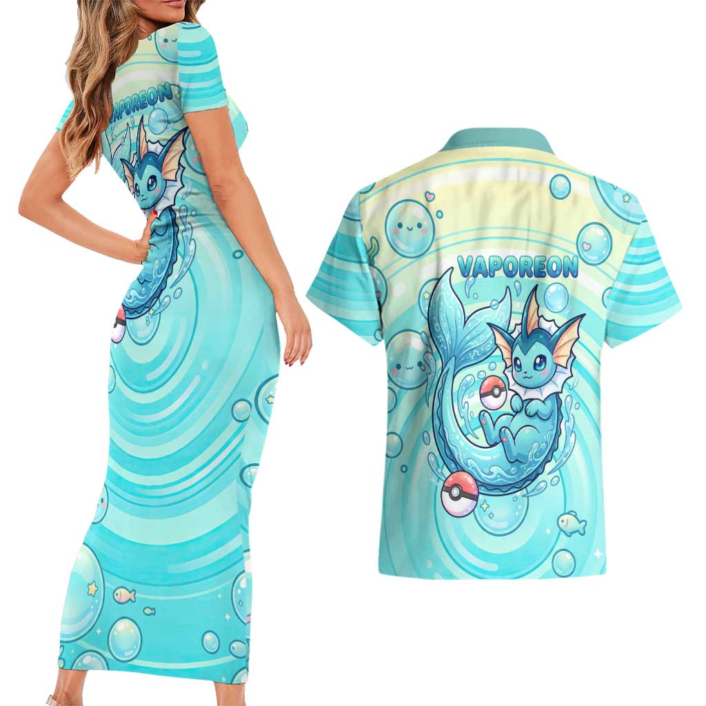Vaporeon Couples Matching Short Sleeve Bodycon Dress and Hawaiian Shirt Dreamy Ocean Bubble Fantasy Art