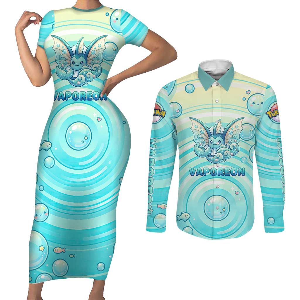 Vaporeon Couples Matching Short Sleeve Bodycon Dress and Long Sleeve Button Shirt Dreamy Ocean Bubble Fantasy Art
