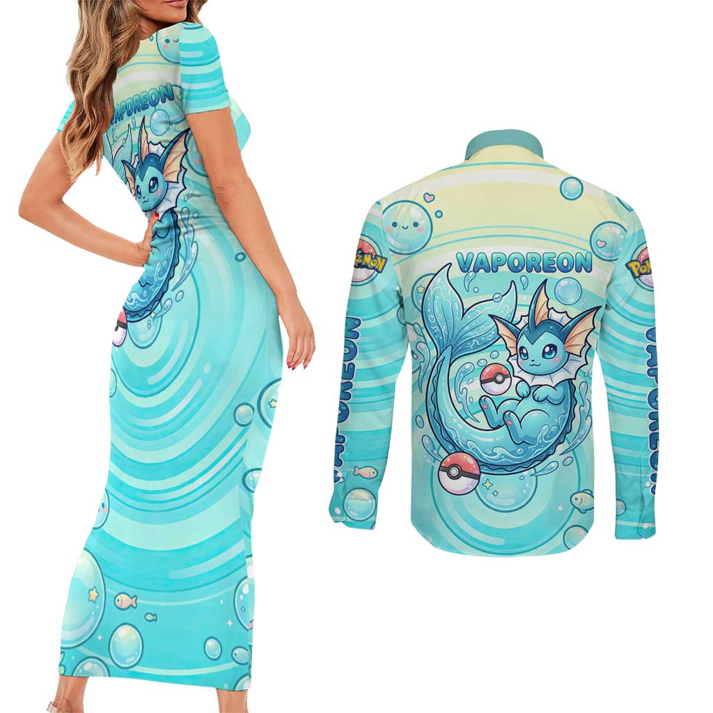 Vaporeon Couples Matching Short Sleeve Bodycon Dress and Long Sleeve Button Shirt Dreamy Ocean Bubble Fantasy Art