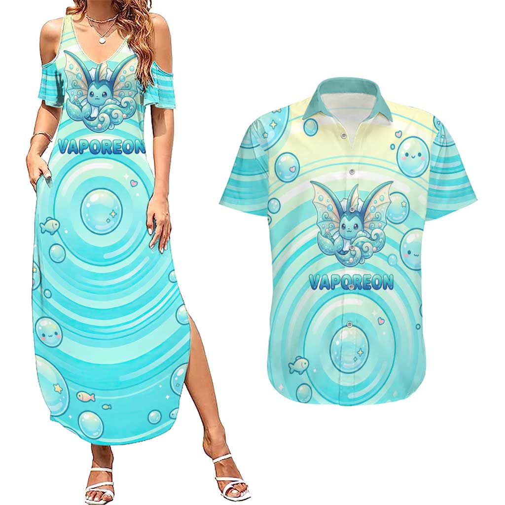 Vaporeon Couples Matching Summer Maxi Dress and Hawaiian Shirt Dreamy Ocean Bubble Fantasy Art