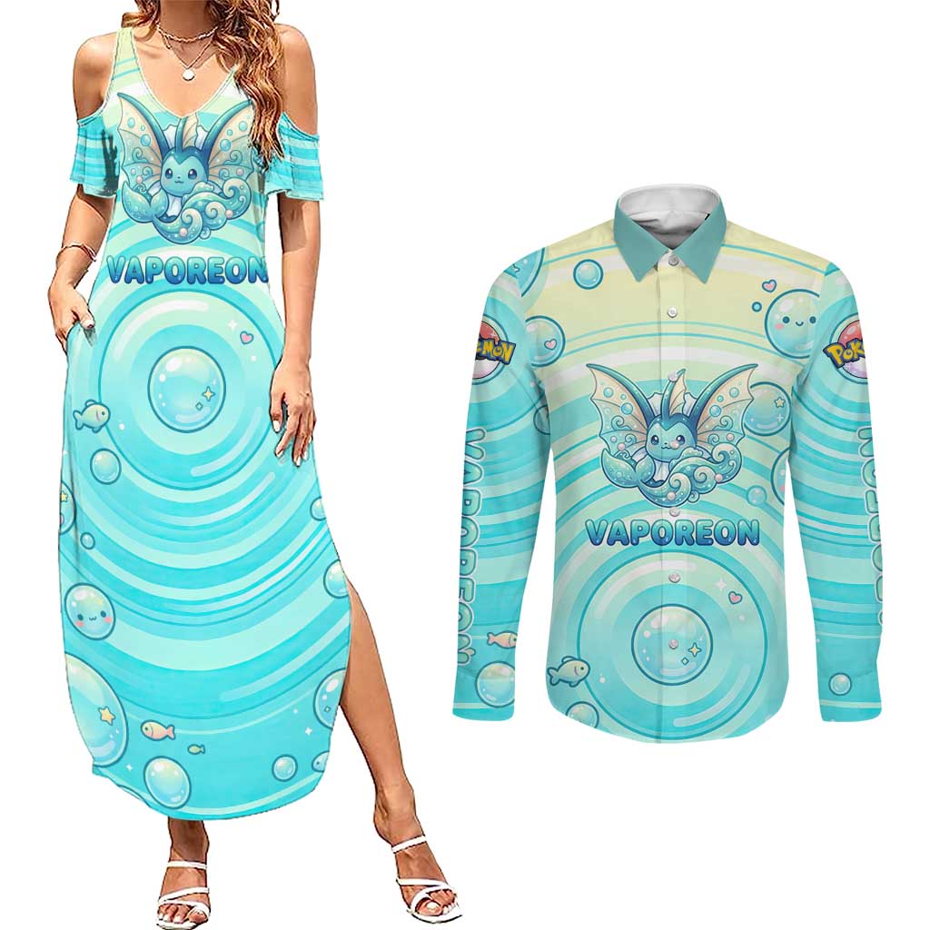 Vaporeon Couples Matching Summer Maxi Dress and Long Sleeve Button Shirt Dreamy Ocean Bubble Fantasy Art