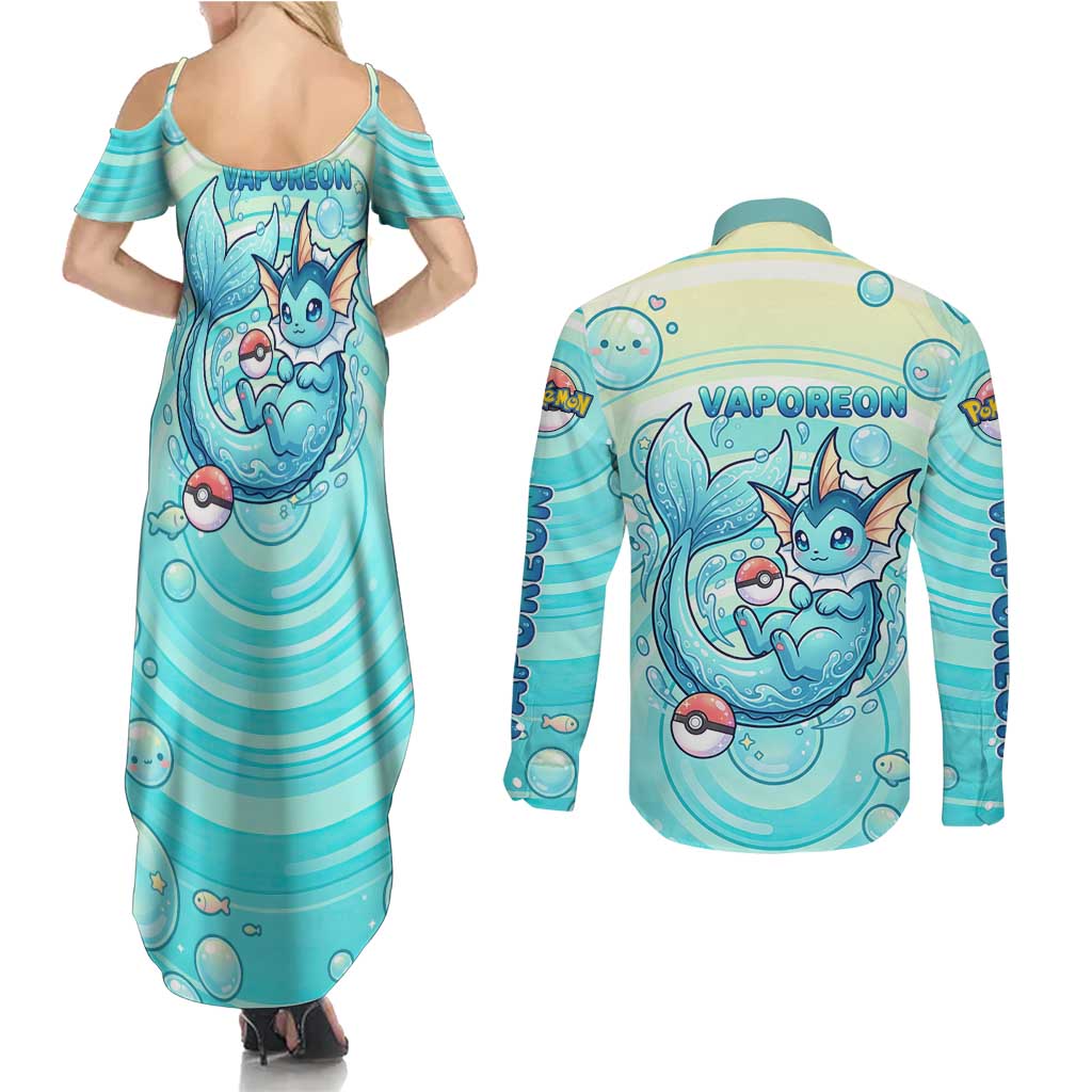 Vaporeon Couples Matching Summer Maxi Dress and Long Sleeve Button Shirt Dreamy Ocean Bubble Fantasy Art