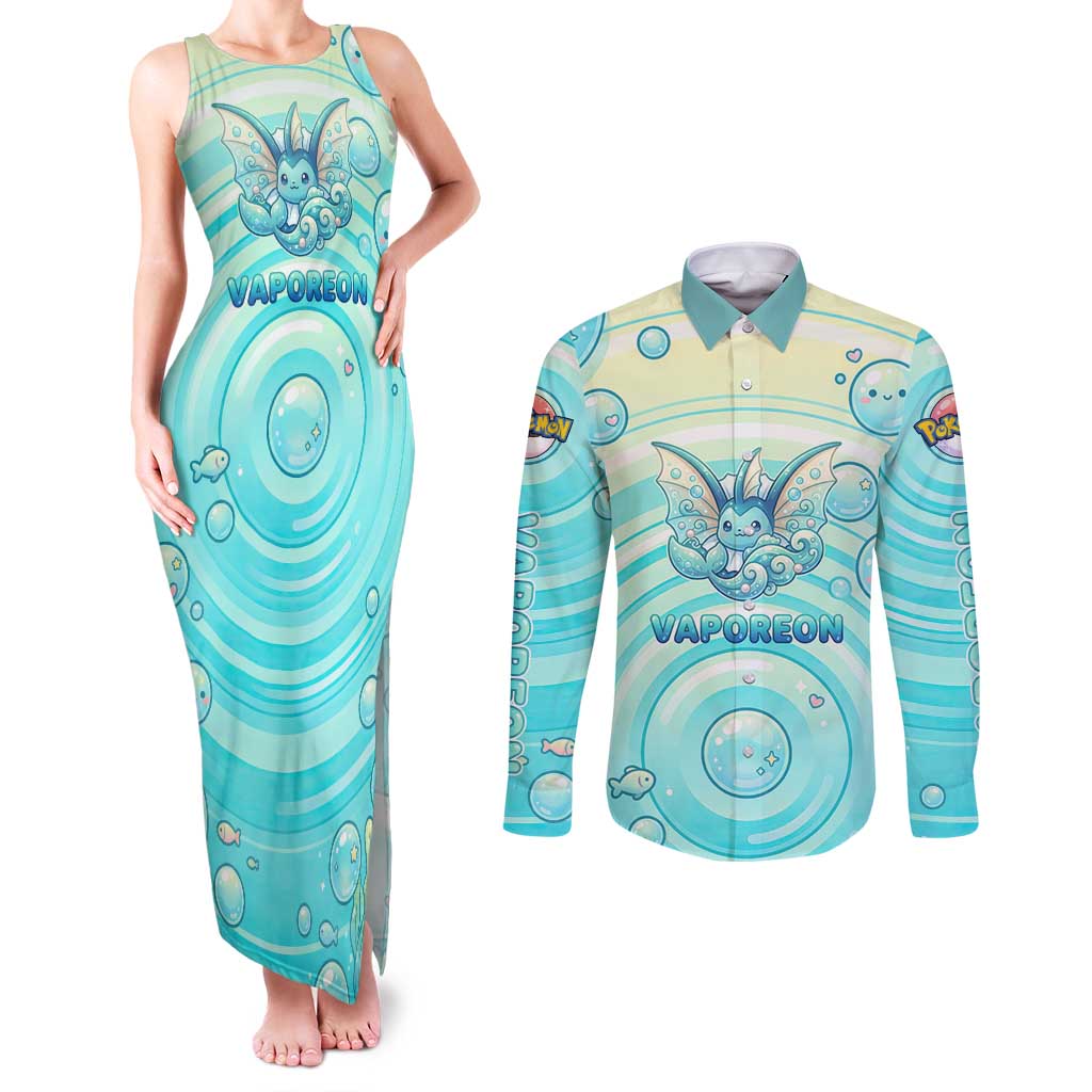 Vaporeon Couples Matching Tank Maxi Dress and Long Sleeve Button Shirt Dreamy Ocean Bubble Fantasy Art
