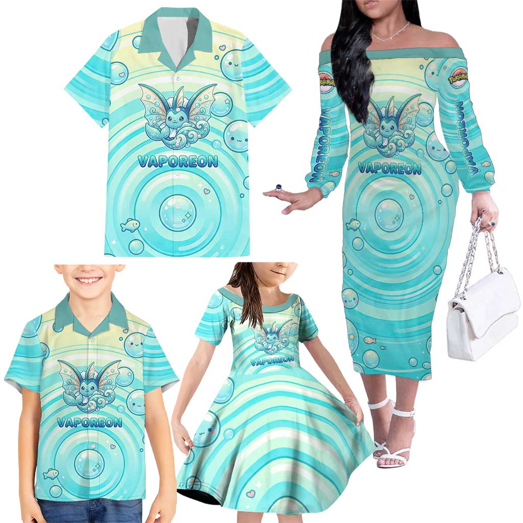 Vaporeon Family Matching Off The Shoulder Long Sleeve Dress and Hawaiian Shirt Dreamy Ocean Bubble Fantasy Art
