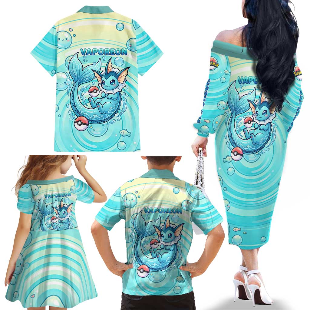 Vaporeon Family Matching Off The Shoulder Long Sleeve Dress and Hawaiian Shirt Dreamy Ocean Bubble Fantasy Art