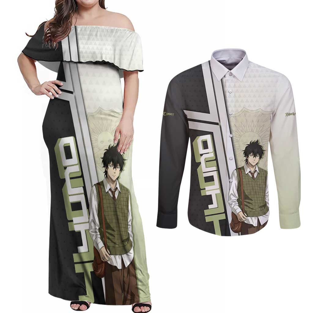 Black Clover Yuno Couples Matching Off Shoulder Maxi Dress and Long Sleeve Button Shirt Vintage Scholar Anime Style