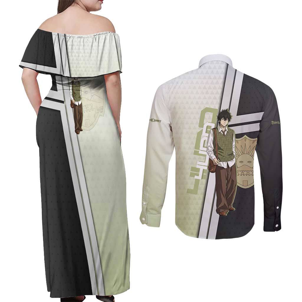 Black Clover Yuno Couples Matching Off Shoulder Maxi Dress and Long Sleeve Button Shirt Vintage Scholar Anime Style
