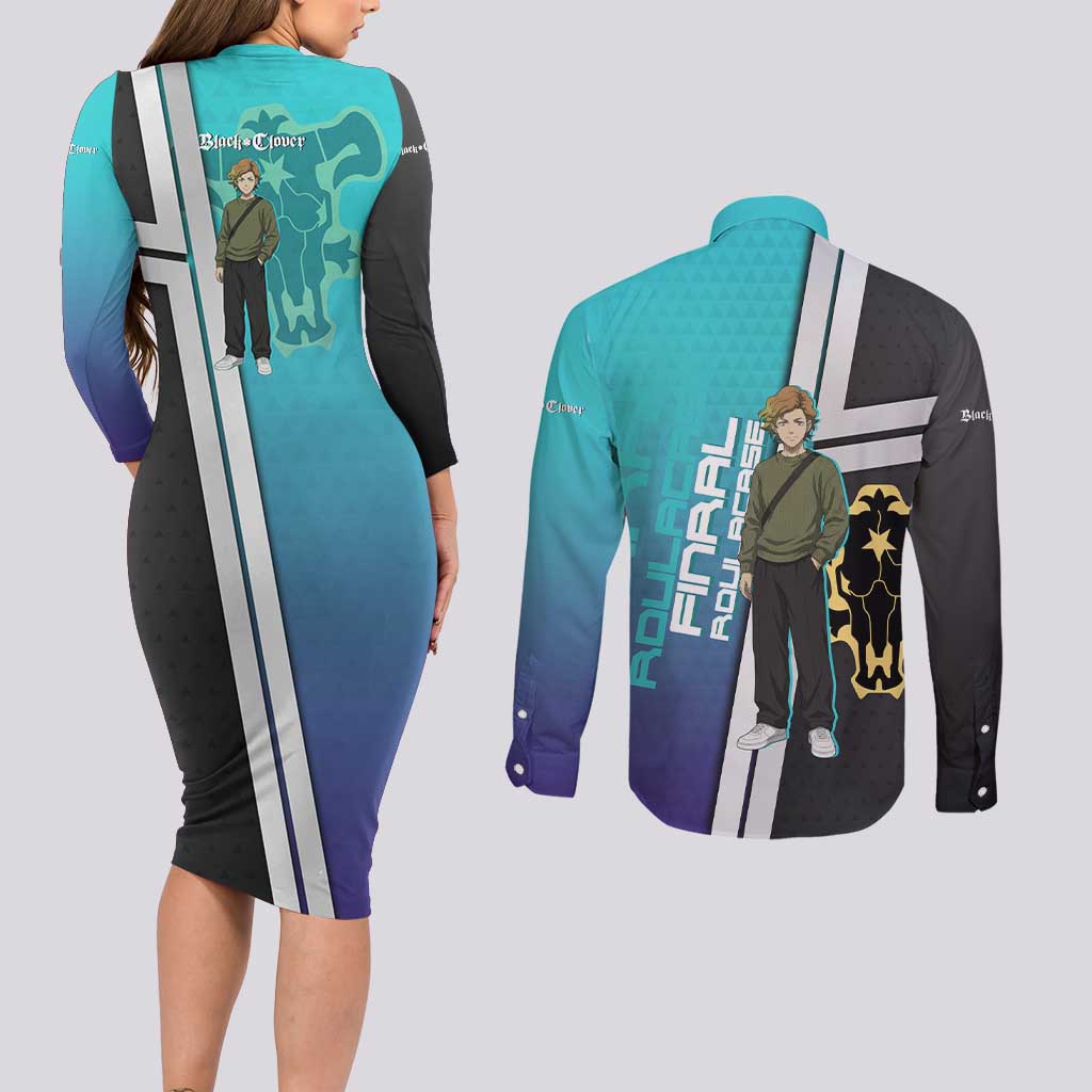 Black Clover Finral Roulacase Couples Matching Long Sleeve Bodycon Dress and Long Sleeve Button Shirt Anime Illustration Style