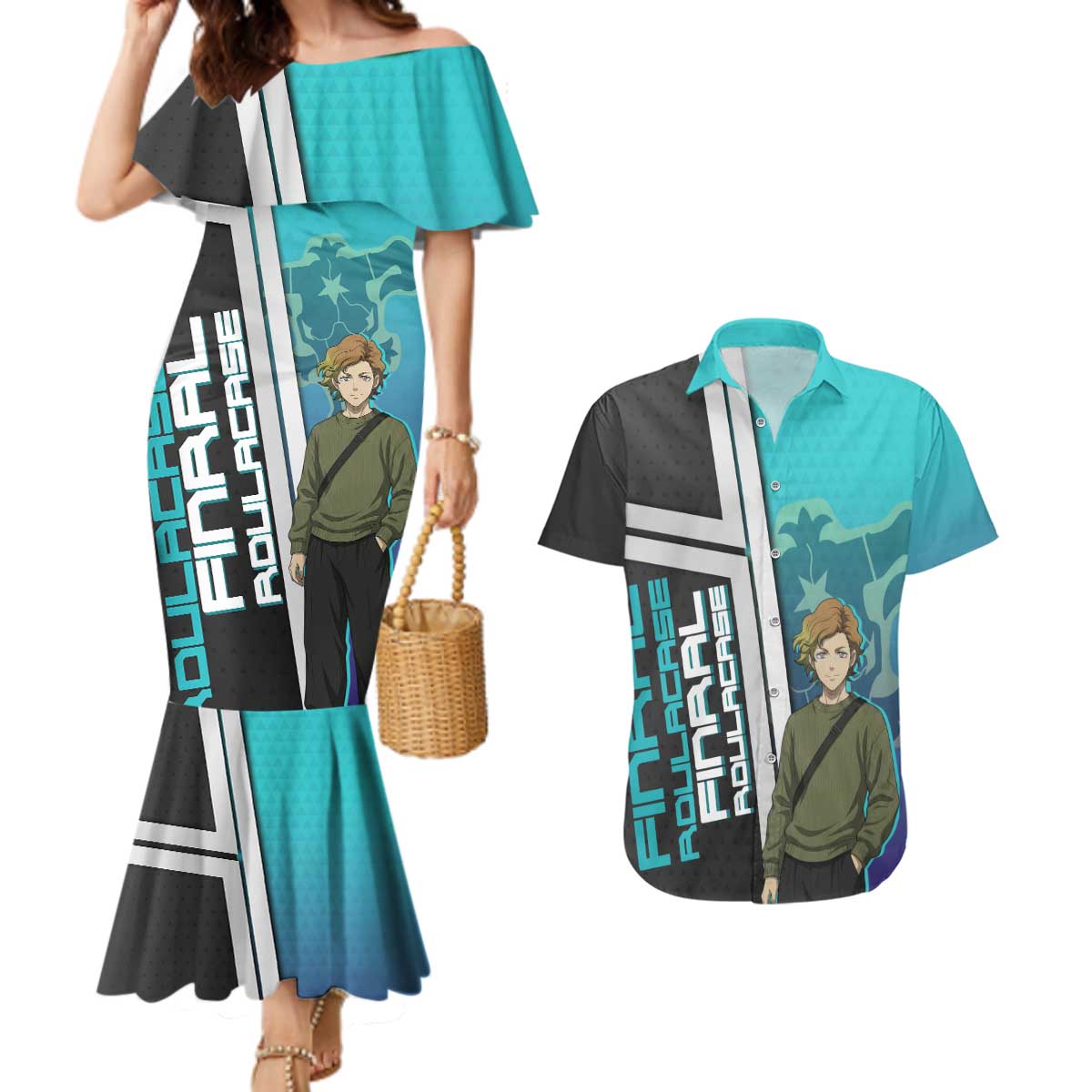 Black Clover Finral Roulacase Couples Matching Mermaid Dress and Hawaiian Shirt Anime Illustration Style