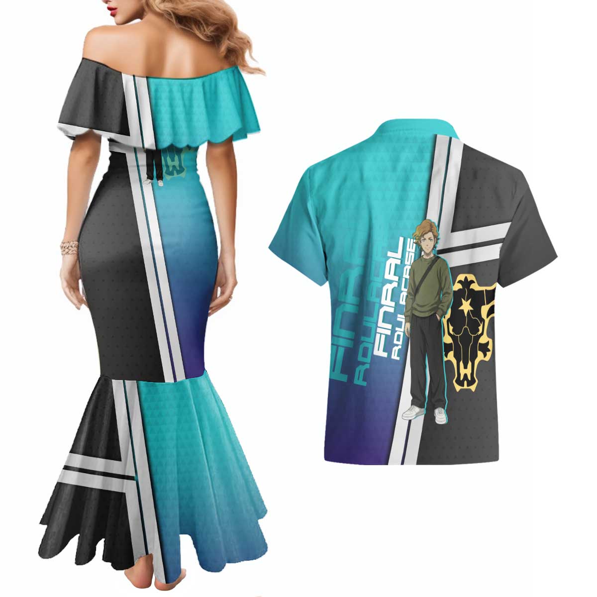 Black Clover Finral Roulacase Couples Matching Mermaid Dress and Hawaiian Shirt Anime Illustration Style