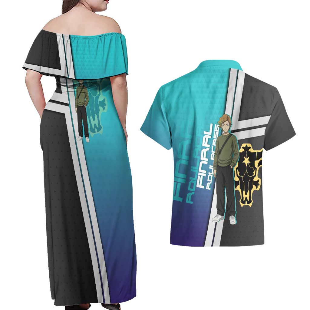 Black Clover Finral Roulacase Couples Matching Off Shoulder Maxi Dress and Hawaiian Shirt Anime Illustration Style