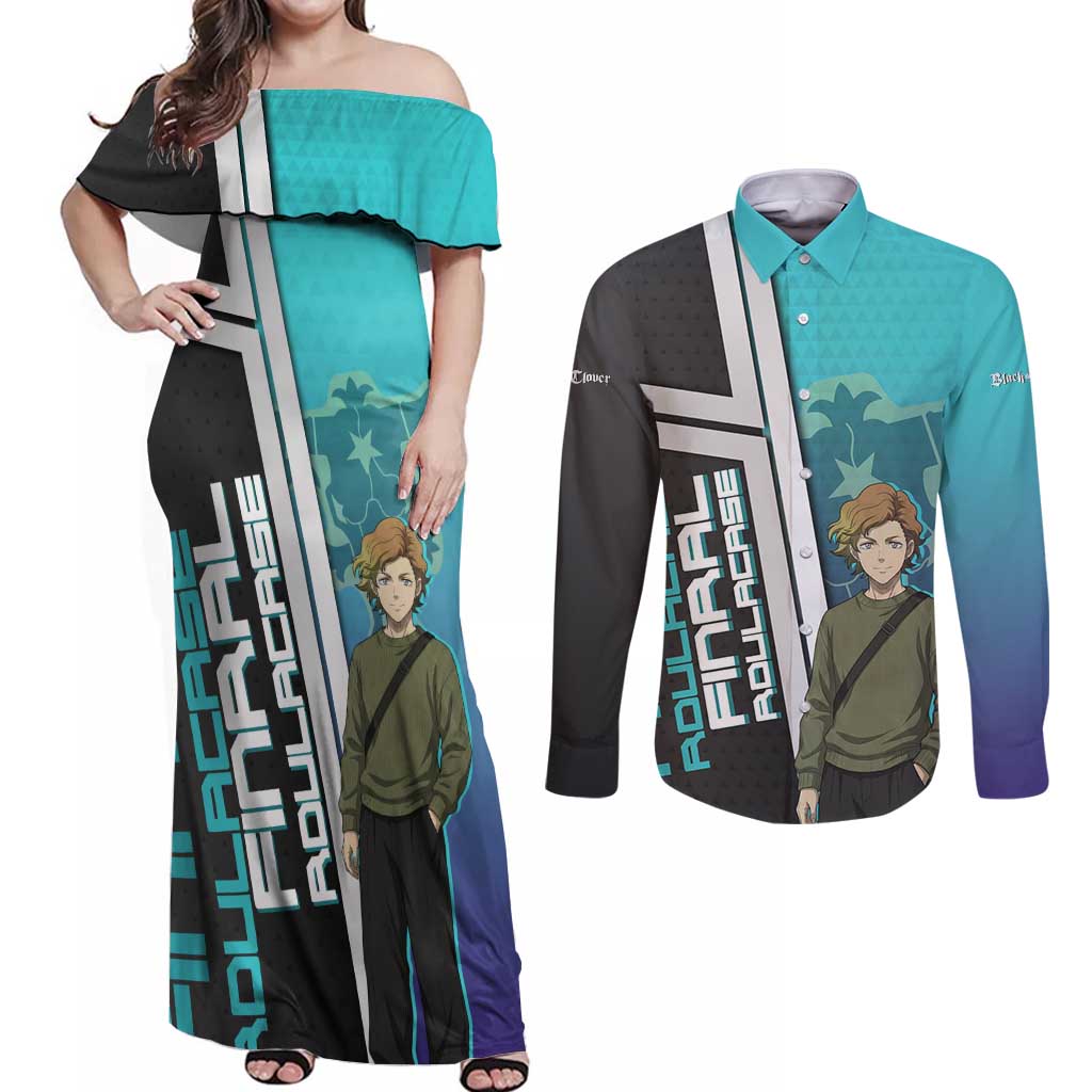 Black Clover Finral Roulacase Couples Matching Off Shoulder Maxi Dress and Long Sleeve Button Shirt Anime Illustration Style