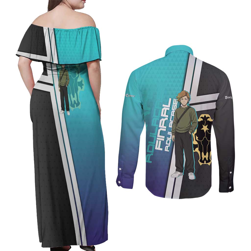 Black Clover Finral Roulacase Couples Matching Off Shoulder Maxi Dress and Long Sleeve Button Shirt Anime Illustration Style