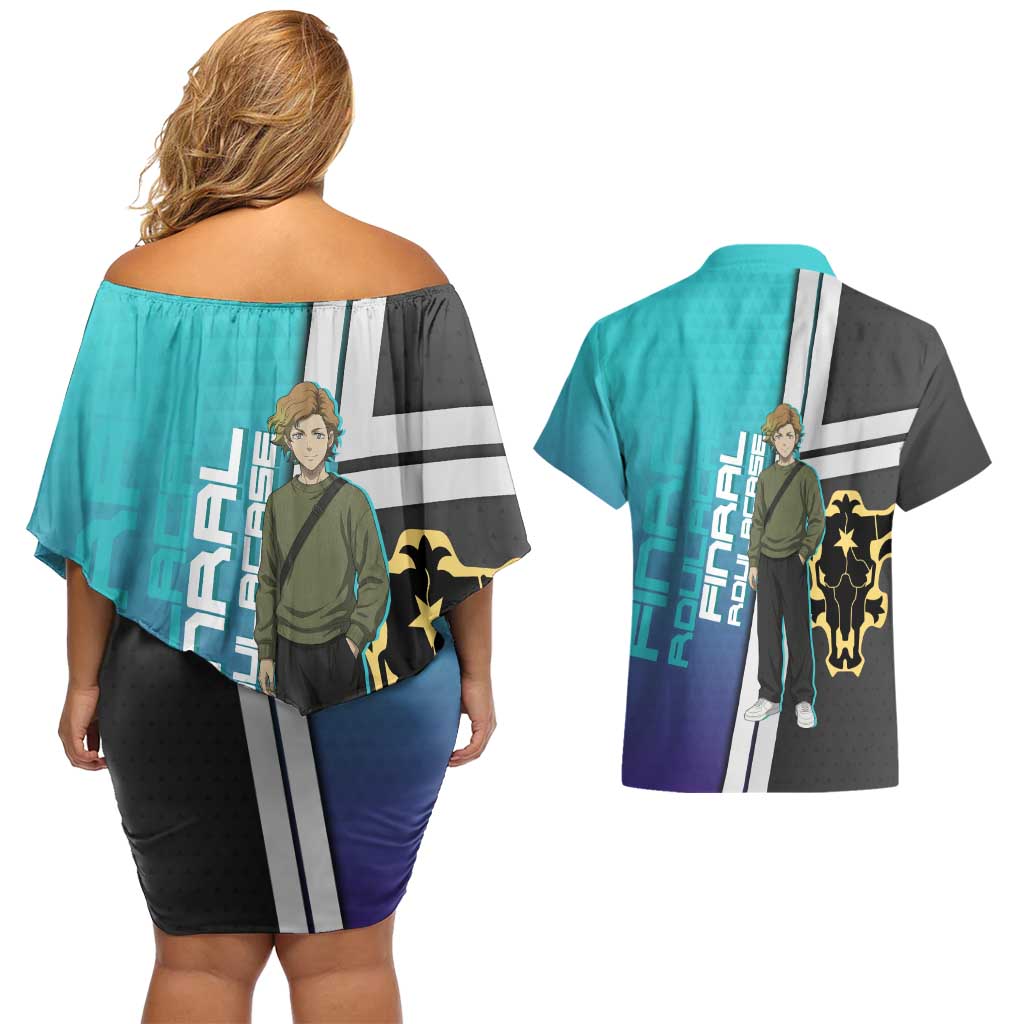 Black Clover Finral Roulacase Couples Matching Off Shoulder Short Dress and Hawaiian Shirt Anime Illustration Style
