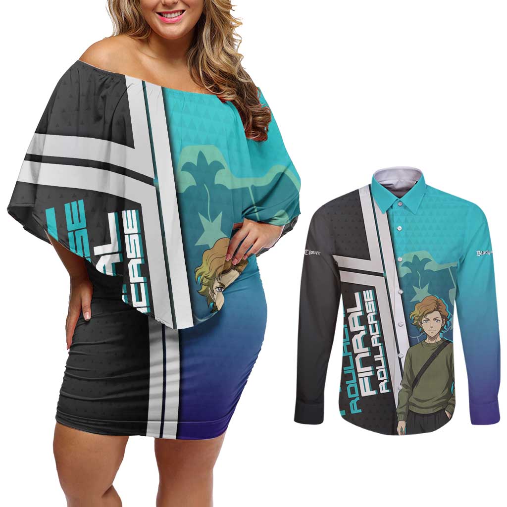 Black Clover Finral Roulacase Couples Matching Off Shoulder Short Dress and Long Sleeve Button Shirt Anime Illustration Style