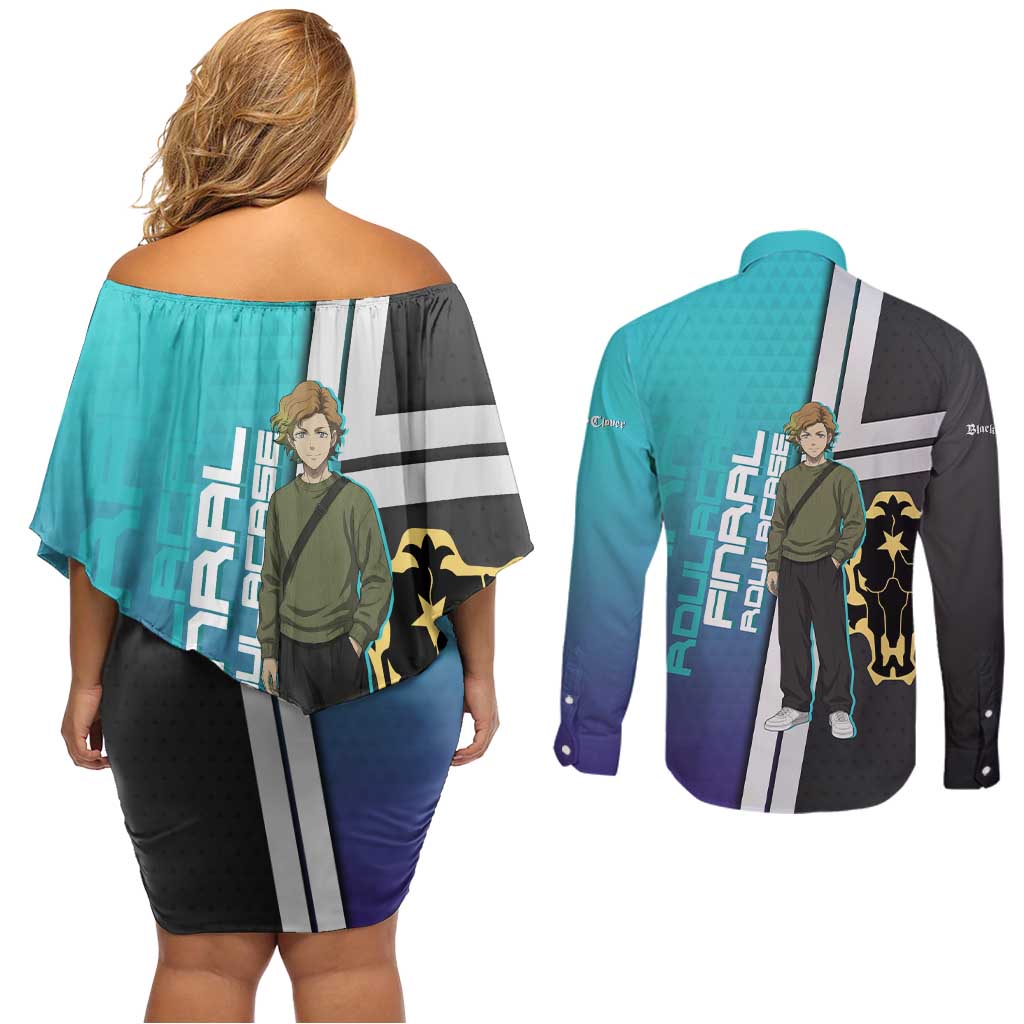 Black Clover Finral Roulacase Couples Matching Off Shoulder Short Dress and Long Sleeve Button Shirt Anime Illustration Style