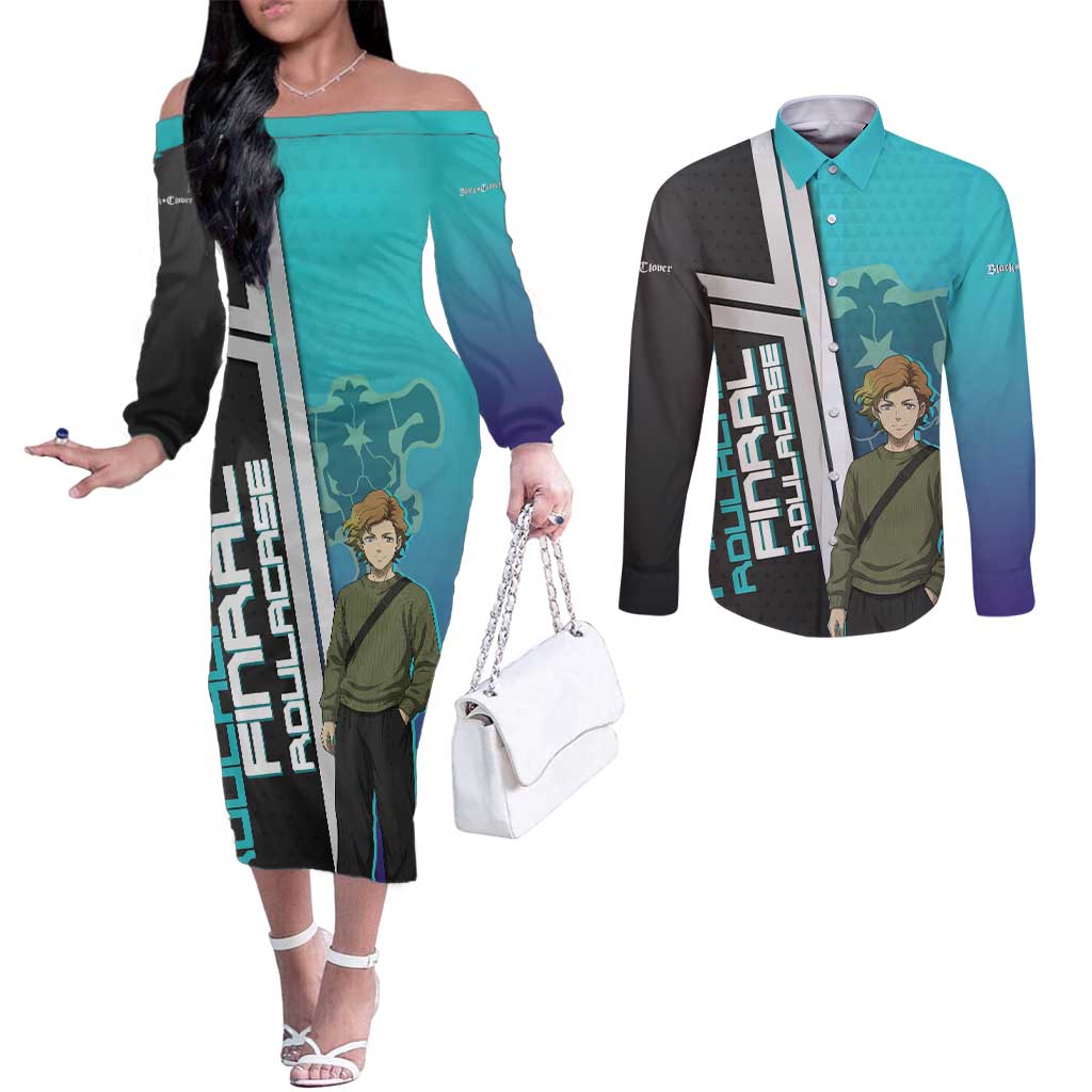 Black Clover Finral Roulacase Couples Matching Off The Shoulder Long Sleeve Dress and Long Sleeve Button Shirt Anime Illustration Style