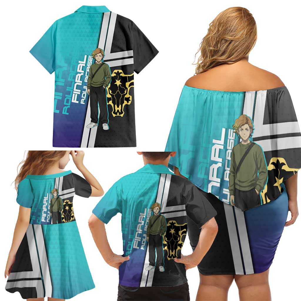 Black Clover Finral Roulacase Family Matching Off Shoulder Short Dress and Hawaiian Shirt Anime Illustration Style