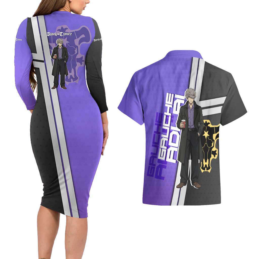 Black Clover Gauche Adlai Couples Matching Long Sleeve Bodycon Dress and Hawaiian Shirt Anime Illustration Style