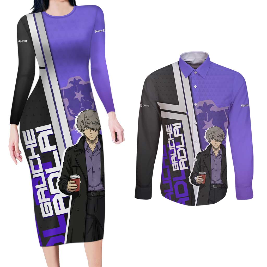 Black Clover Gauche Adlai Couples Matching Long Sleeve Bodycon Dress and Long Sleeve Button Shirt Anime Illustration Style