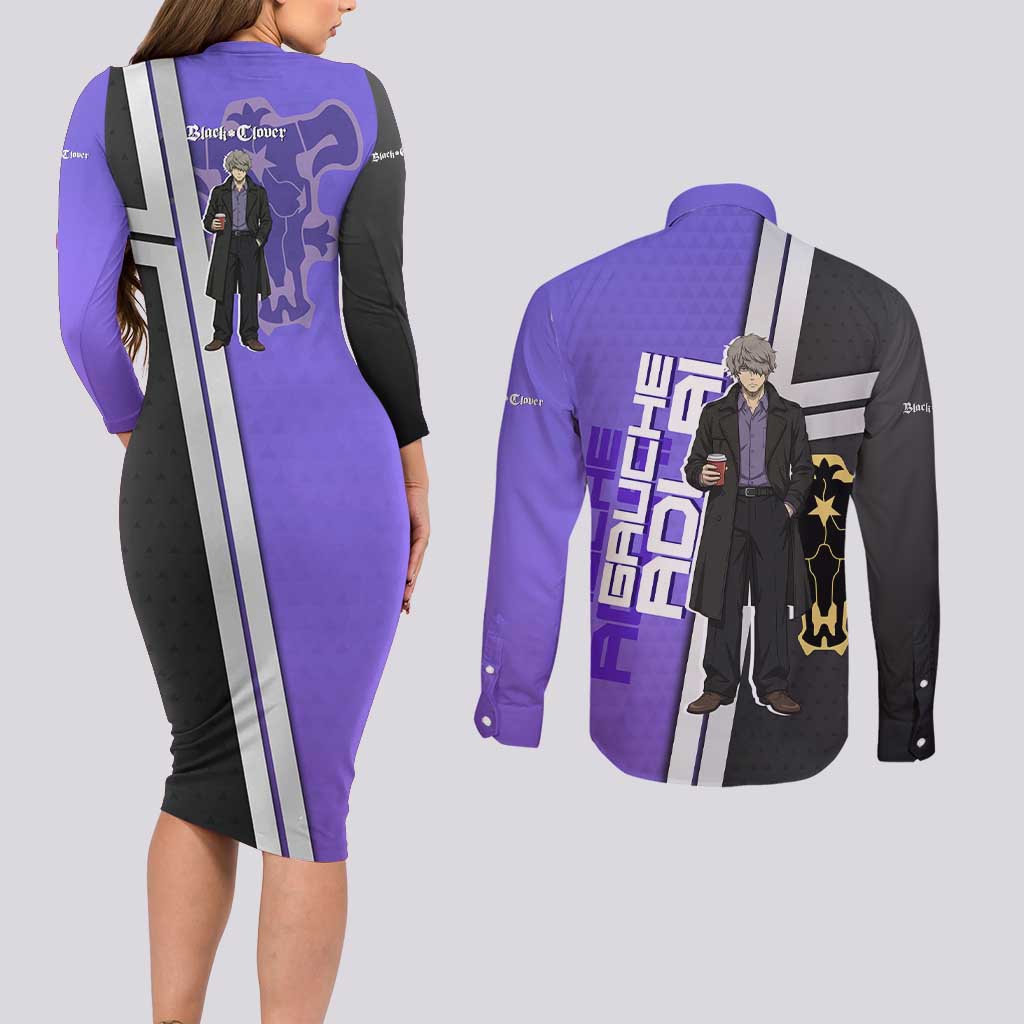 Black Clover Gauche Adlai Couples Matching Long Sleeve Bodycon Dress and Long Sleeve Button Shirt Anime Illustration Style