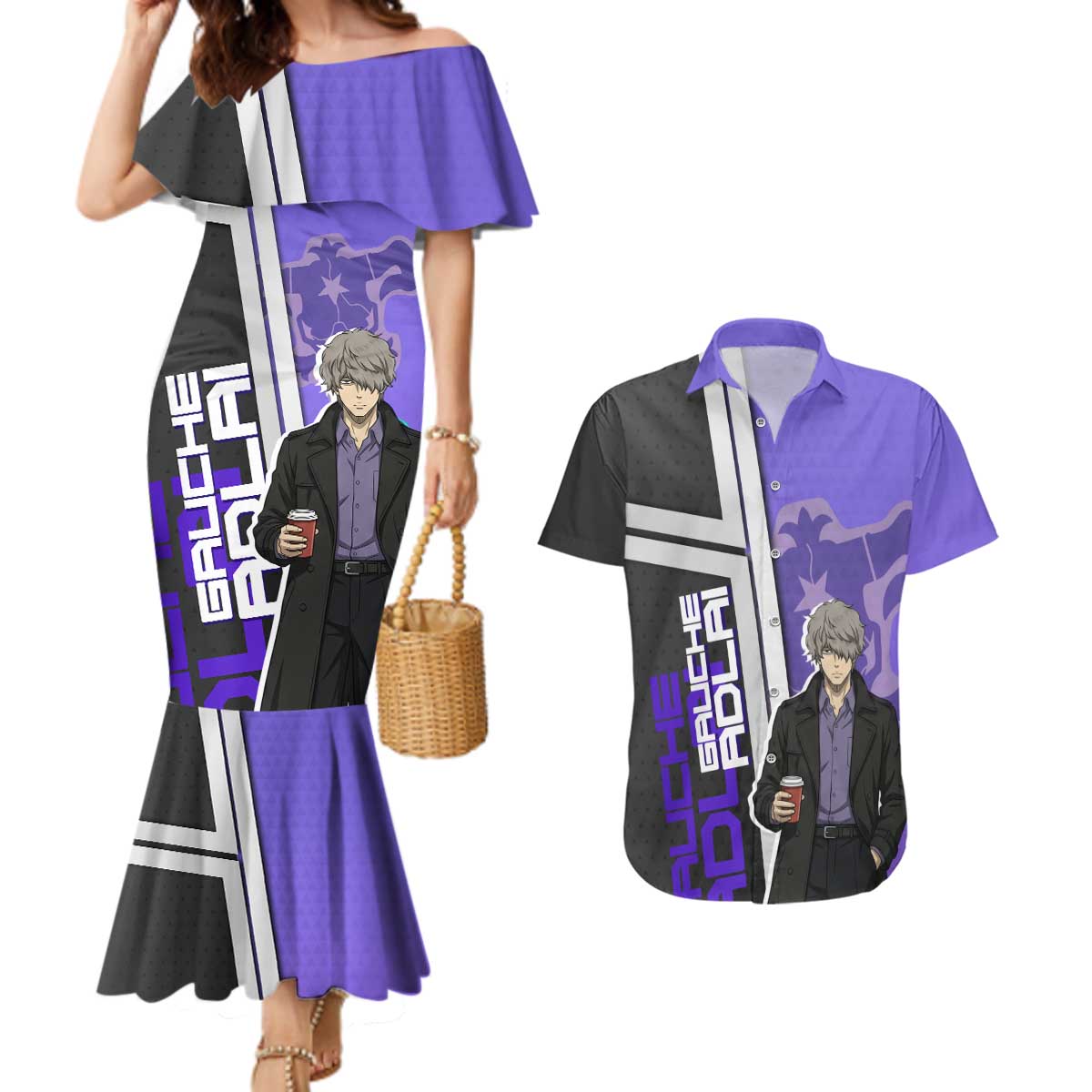 Black Clover Gauche Adlai Couples Matching Mermaid Dress and Hawaiian Shirt Anime Illustration Style