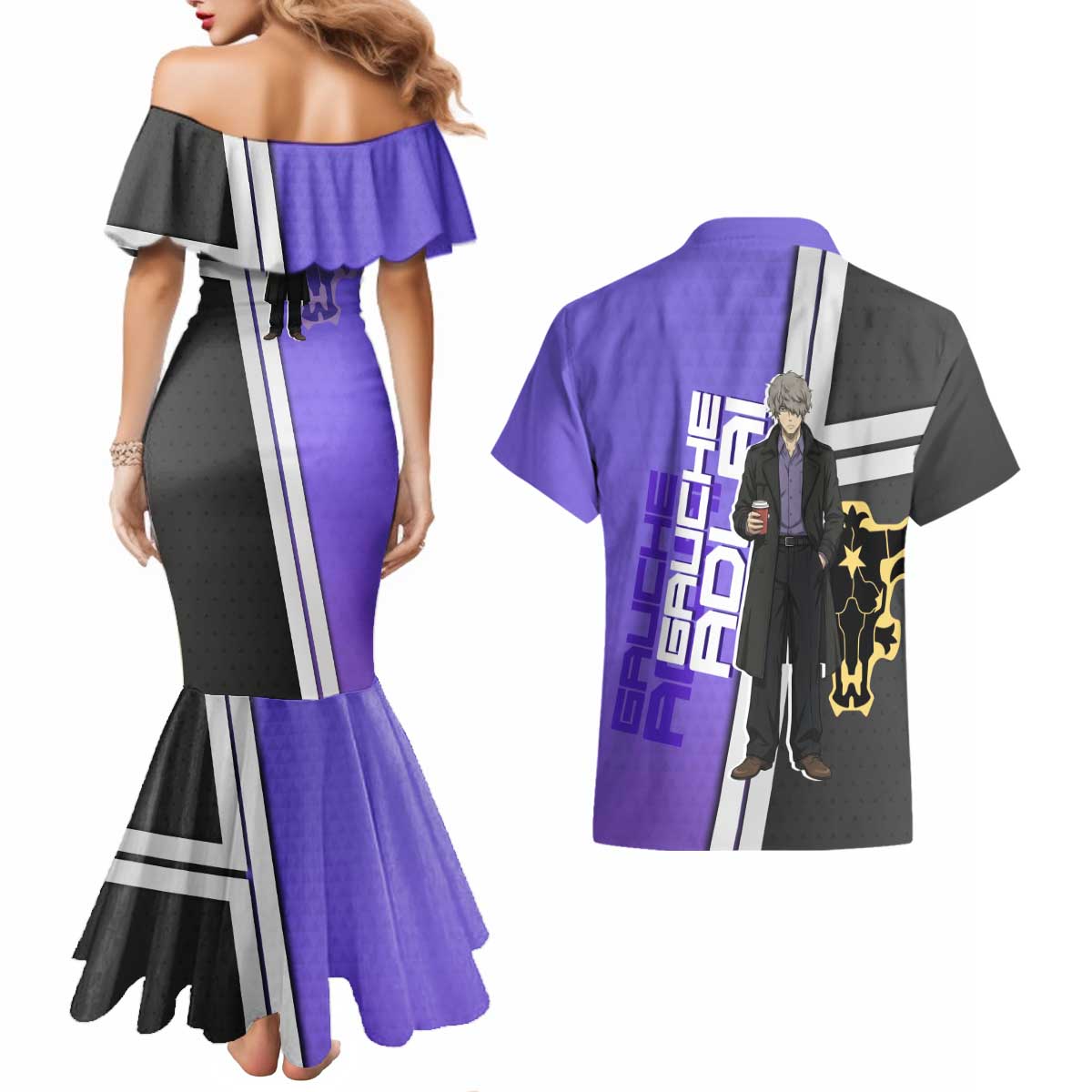 Black Clover Gauche Adlai Couples Matching Mermaid Dress and Hawaiian Shirt Anime Illustration Style