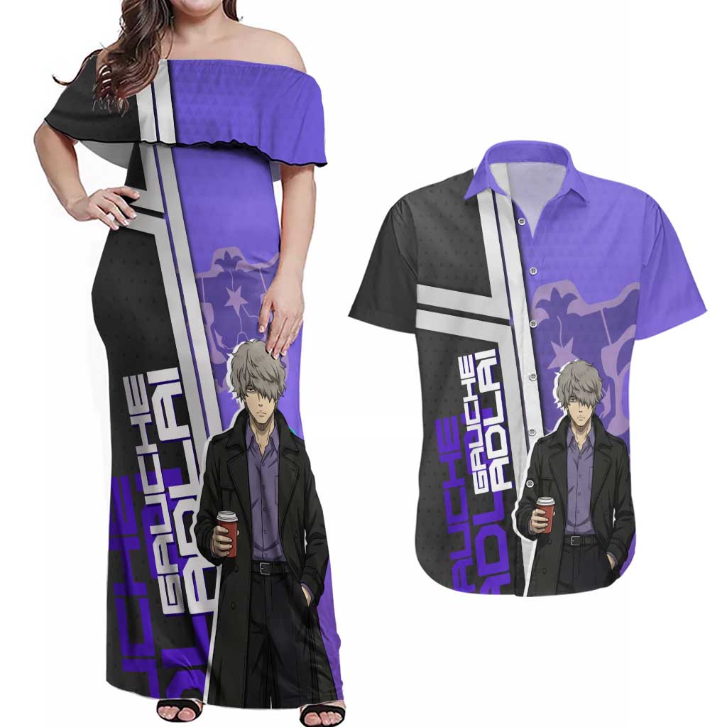 Black Clover Gauche Adlai Couples Matching Off Shoulder Maxi Dress and Hawaiian Shirt Anime Illustration Style