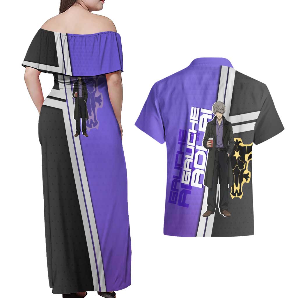 Black Clover Gauche Adlai Couples Matching Off Shoulder Maxi Dress and Hawaiian Shirt Anime Illustration Style