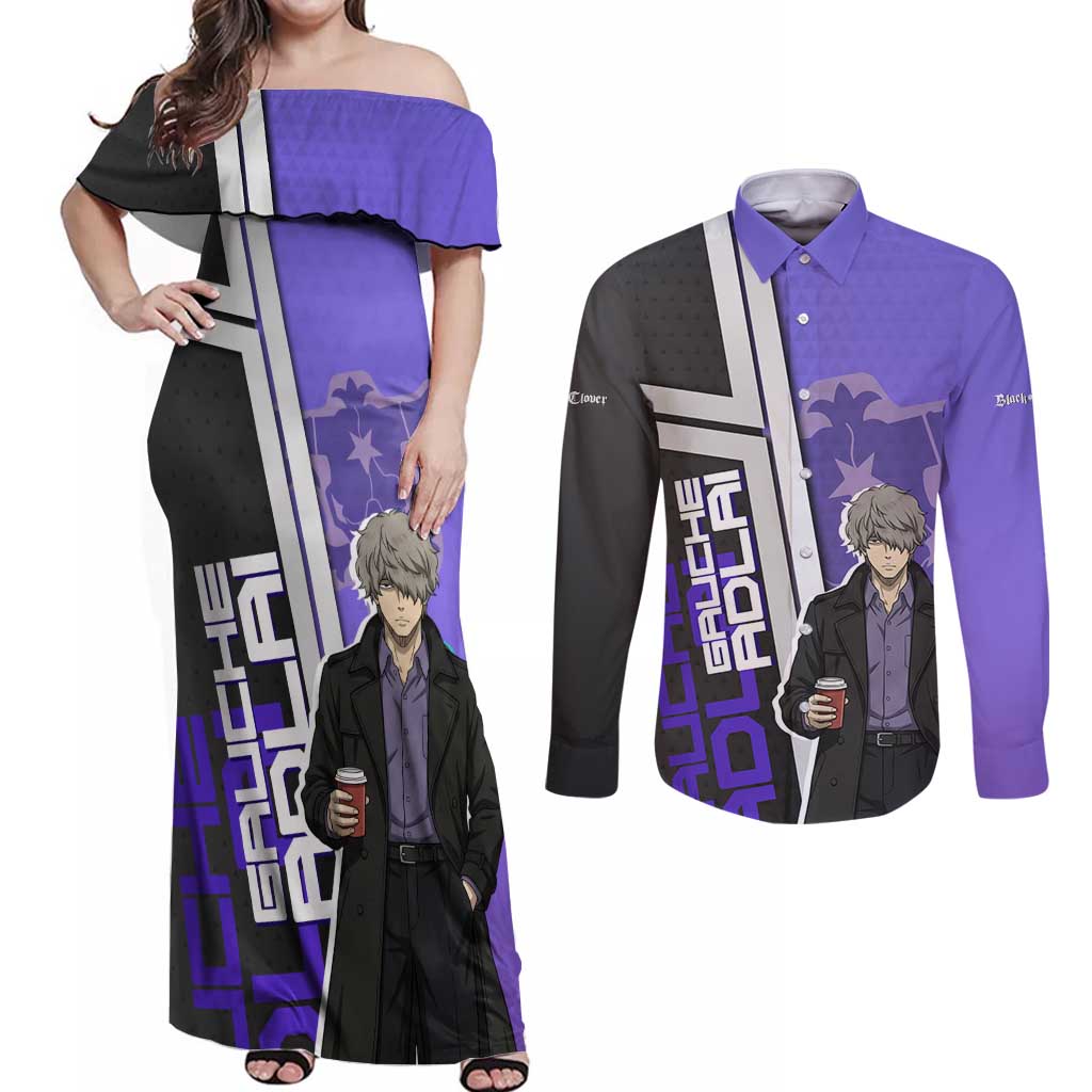 Black Clover Gauche Adlai Couples Matching Off Shoulder Maxi Dress and Long Sleeve Button Shirt Anime Illustration Style