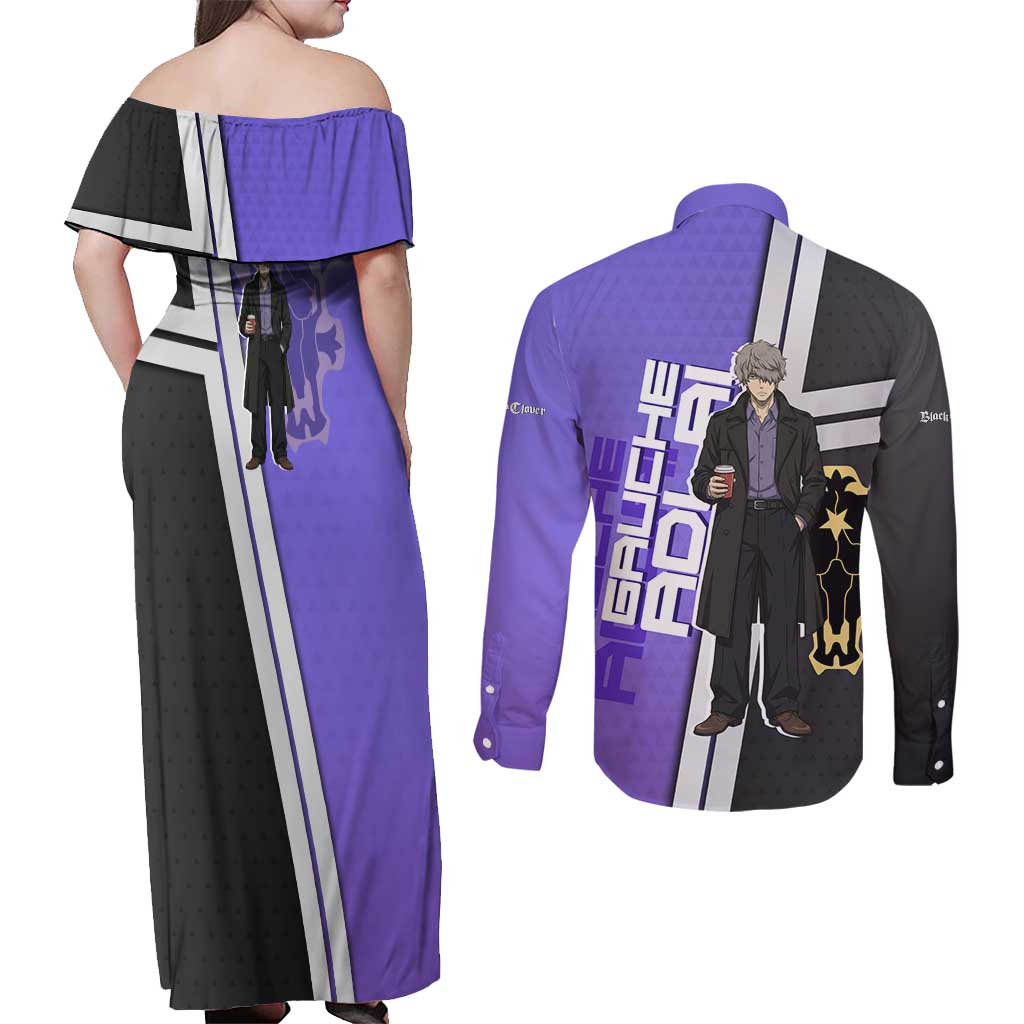 Black Clover Gauche Adlai Couples Matching Off Shoulder Maxi Dress and Long Sleeve Button Shirt Anime Illustration Style