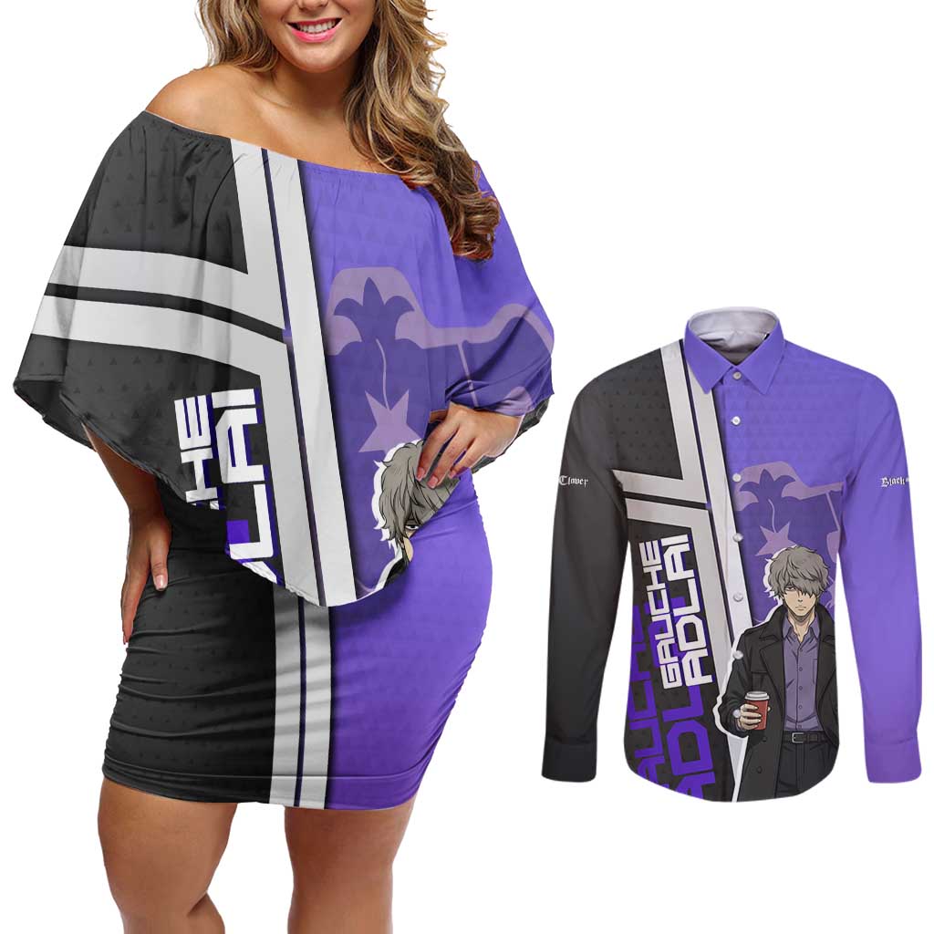 Black Clover Gauche Adlai Couples Matching Off Shoulder Short Dress and Long Sleeve Button Shirt Anime Illustration Style