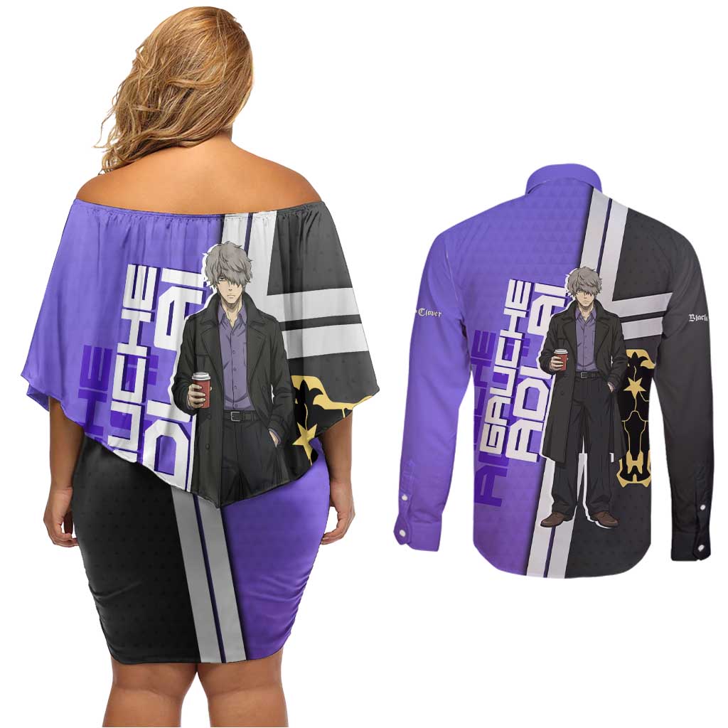 Black Clover Gauche Adlai Couples Matching Off Shoulder Short Dress and Long Sleeve Button Shirt Anime Illustration Style