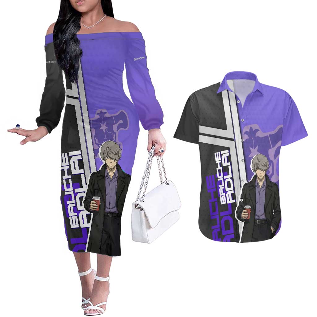 Black Clover Gauche Adlai Couples Matching Off The Shoulder Long Sleeve Dress and Hawaiian Shirt Anime Illustration Style