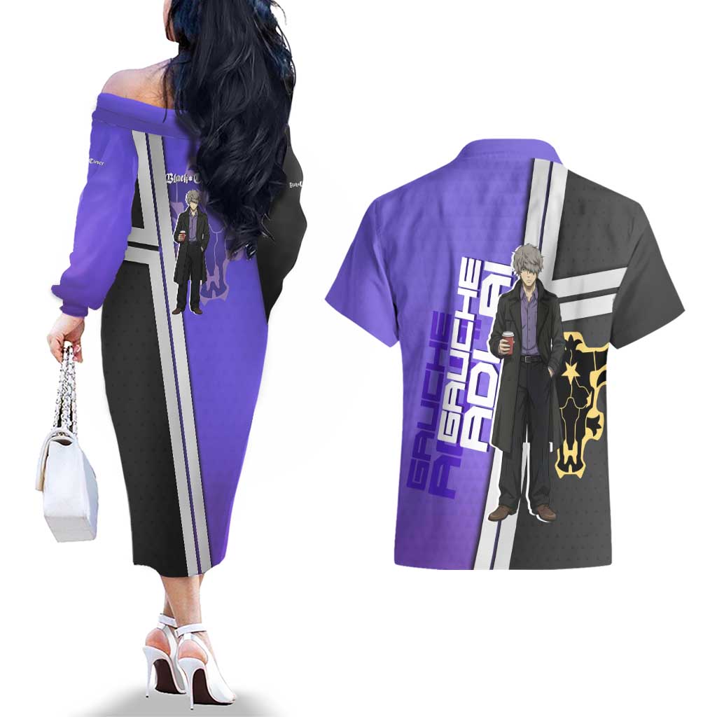 Black Clover Gauche Adlai Couples Matching Off The Shoulder Long Sleeve Dress and Hawaiian Shirt Anime Illustration Style