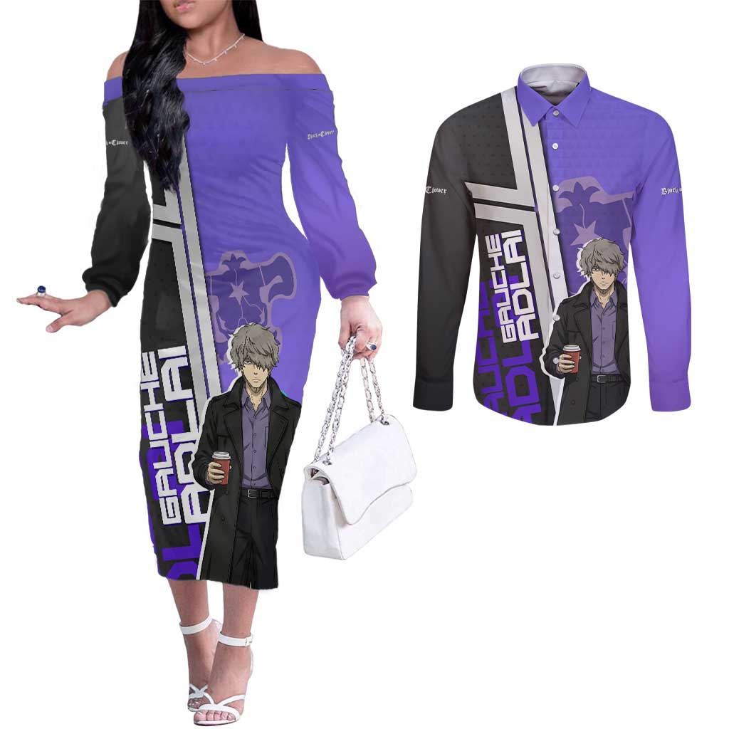 Black Clover Gauche Adlai Couples Matching Off The Shoulder Long Sleeve Dress and Long Sleeve Button Shirt Anime Illustration Style